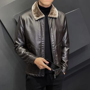 Herren Pelz Kunstpelz Casual Motorrad Windjacke Reißverschluss Pelzkragen Kunstleder Jacke Männer Slim Hochwertige Mode Wolle Liner Mantel Streetwear 231120