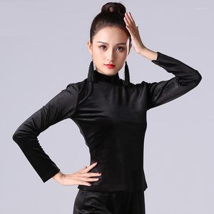 Scena zużycie H2633 Kobiety Łacińskie Dance Velvet Top Black Performance Ubrania National Standardowe praktyki zawodowe z długim rękawem