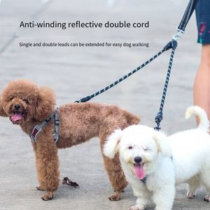 Dog Collars Leashes Pet Two ended Traction Rope One Drag Two Chain Anti winding Night Reflective Walking Supplies 231118