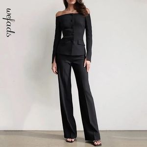 Women s Two Piece Pants Wefad Blazer Suit Office Simple Solid Off Shoulder Long Slit Sleeve Single Breasted Button Top Loose Sets 231120