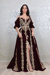 Elegant Arabic Kaftan Mermaid Evening Dresses Burgundy Velvet Long Special Occasion Gown With Detachable Skirt Gold Lace Appliques Beaded Formal Dress For Women