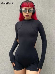 Women's Jumpsuits Rompers Goth Dark Techwear Cyber Y2k Bodycon Women Playsuits Gothic Punk Long Sleeve Cut Out Rompers Sexy Solid Streetwear Autumn Outfit P230419