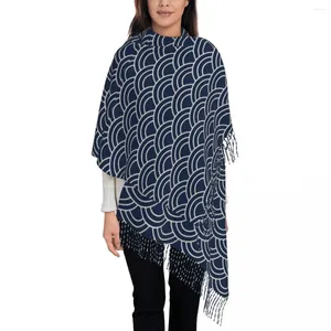 Sciarpe Onde Sciarpa blu navy giapponese per donna Inverno caldo scialle di Pashmina avvolgente Harajuku lungo grande con nappa da indossare ogni giorno