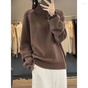 Women's Sweaters ZOCEPT Merino Wool Sweater For Women Winter High Quality Loose Fit Knitted Pullover With Pearls Diamond Thicken