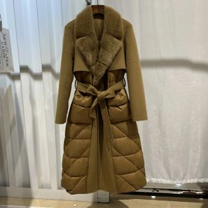 Damen-Daunenparkas, Winterjacke mit natürlichem Nerzfell für den Kragen, weißer Gans-Mantel, luxuriöser echter Kaschmir-Wollgürtel, schmal, 231118