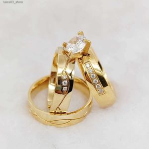 Anéis de casamento Africano Dubai 18k banhado a ouro conjunto de jóias de aço inoxidável Ringe Lovers Cz Diamond Promise Anel de noivado de casamento para casais Q231120