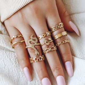 S3603 Bohemian Fashion Knuckle Ring Set Geometric Flower Snake Stacking Rings Midi Rings Set 10st/Set