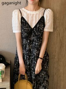 Two Piece Dress Gaganight Women V neck Lace Floral Chiffon Suspender Korean Chic Summer Gentle Sweet O Plaid Short sleeved Shirt 230419