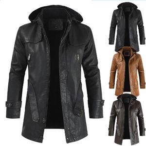 Couro masculino couro falso outono e inverno médio longo com capuz masculino motocicleta equitação casaco de couro masculino amplo e confortável tamanho grande windbrea de couro 231118