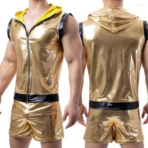 Herrspårar Mens Tank Tops Boxer Briefs Shorts ärmlös huva Vest Gold Shiny Tight Läderklubbkläder Set Suit STAGE CUSTUME
