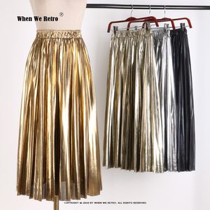 Skirts Elegant Women Midi Skirt VD1824 High Waist Black Silver Gold Solid Color Pleated Skirt 230420