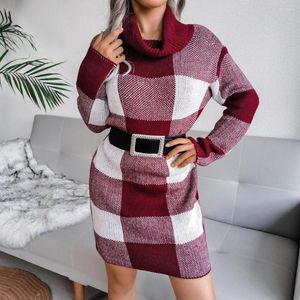 Sukienki swobodne 2023 jesień zima kobiety Plaid Turtleeck Swet Sweter for Ladies moda luźna przyczynowa