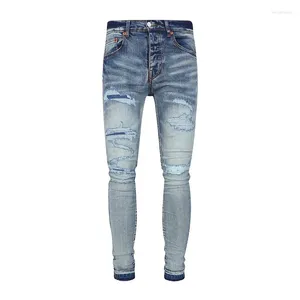 Мужские джинсы фиолетового бренда, уличная одежда с повреждениями, узкие эластичные рваные джинсовые брюки