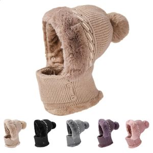 Beanie/Skull Caps Winter Scarf Mask Hat Plush Thicken Knitted Beanies Nack Warmer Ear Protection Bonnet Women Face Cover Pompom Wool Cap 231118