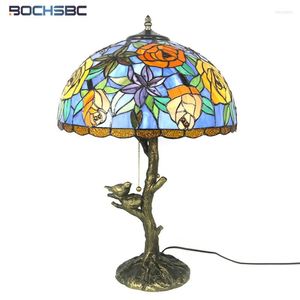 Table Lamps BOCHSBC Tiffany Style Rose Bouquet Stained Glass Desk Lights Shade Tree Deer Bird Elk Frame Colorful Art Decor