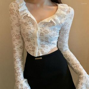 Women's Blouses Women's Ruffles V-Neck White Shirts 2023 Lace Hollow Out Long Sleeve Blouse Korean Slim Fit Single-Breasted Crop Tops