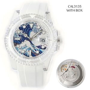 40mm Mens 시계 럭셔리 패션 Cal.3135 기계식 자동 이동 시계 슈퍼 라미운스 200m 방수 투명 케이스 플루오린 스트랩 손목 시계