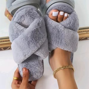 Slipper's Criss Cross House Slippers Warm Plush Fuzzy Fluffy Flat Open Toe Home Slides Furry Comfy Shoes 231118