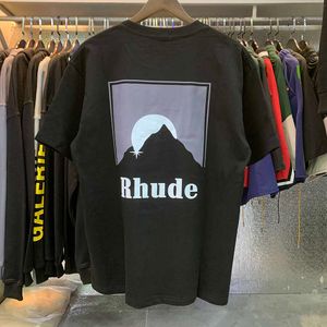 Дизайнерская модная одежда Футболки Футболки в стиле хип-хоп Rhude Moonlight Black Moon Print Свободные повседневные мужские и женские футболки High Street Летний хлопковый топ Свободная уличная одежда