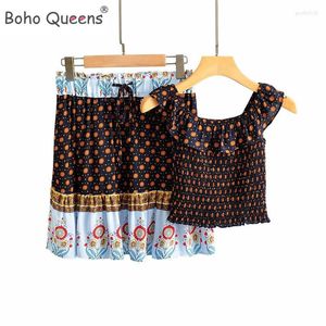 Work Dresses Boho Queens Women Two Piece Outfits Off Shoulder Sleeveless Tops Bohemian Tassel Drawstring Skirts 2 Pieces Sets