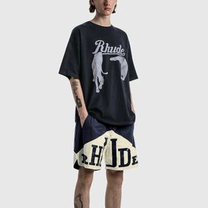 Tasarımcı Moda Giyim Tees Hip Hop Tshirts Rhude Gece Kedi Baskı T-Shirt Erkek Kadınlar Saf Pamuk Bahar Yaz Yıkanmış Yüksek Sokak Trend Marka Büyük Gevşek
