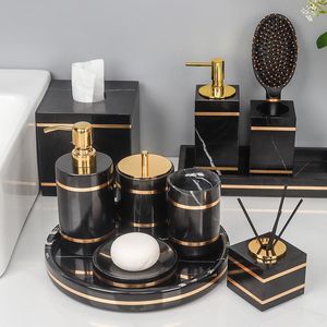 Badzubehör-Set Schwarz Nero Marquin Naturmarmor Badezimmerzubehör Gold Luxus Seifenschale Spender Zahnbürstenhalter Tablett