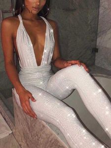 Kvinnors jumpsuits Rompers Artsu Grey Deep V-ringning Sexig Sparkle Jumpsuit Women Bodycon Bandage Glitter Backless Party Rompers ärmlös klubb Jumpsuit Mujer P230419