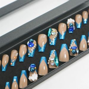 False Nails Handmade Mid Coffin In Gift Box Blue French Press On With Glitter 3D Flowers And Big Rhinestones For Christmas