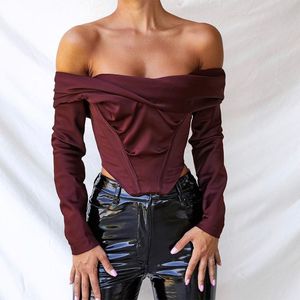 Erkek mayo kadınları omuz saten korse üstler uzun kollu eğik çizgi bluz şarap kırmızı zarif gömlek seksi sırtsız üst kırpılmış 230420