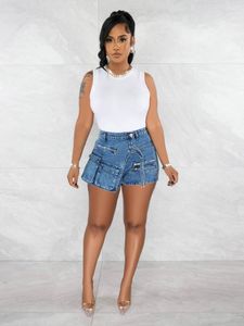 Calças de brim femininas y2k streetwear elástico cintura alta botão carga curto estudante menina zíper retalhos pacote hip fino ajuste denim shorts