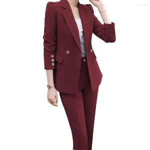 Kvinnors tvåbitar byxor Bourgogne Women Suits 2 Solid Slim Fit Work Two-Buttons Business Office Set Lady Blazer med Fashion Costume Femme
