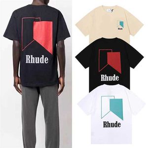 T-shirts de roupas de moda de grife camisetas de hip hop Rhude Trendy Brand Geométrico Quadrilateral Color Block Printed Men's Women's Loose Fitting Summer Trendy T-shirt