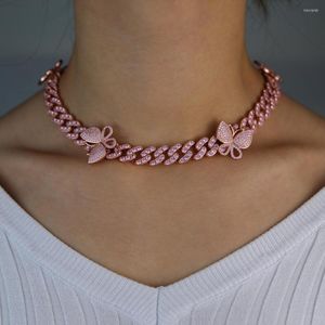 Цепочки замайки на балоте 12 -мм розовый CZ Butterfly Choker Collece Cuban Link Chain Hip Hop Dewelry