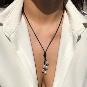 Choker Simple PU Leather Black Rope Cool Gothic Pearls Statement Pendant Necklace Clavicle