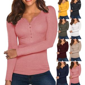 Kobiety dla kobiet T-shirt Spring T-shirt Solidny kolor żebrowany Henley Neck długi rękaw wąsły pullover dla dziewcząt jesień