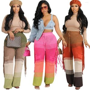 Calças femininas mulheres cor retalhos de malha borla mão crochê bolsos de cintura alta casual solto outono inverno calças streetwear