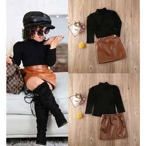 INS Crianças Primavera Outono Outfits Meninas Preto Gola Alta Manga Sopro T-shirt + Marrom PU saias de couro 2 Pcs Lady estilo Conjuntos de crianças A5270