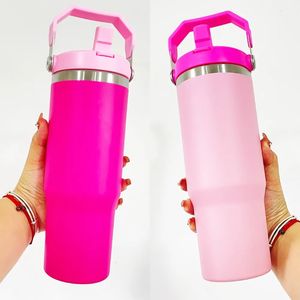 Large capacity Leak proof double walled stainless steel flamingo Flip Straw 30 oz tumbler with handle laser engrave etch water bottle outdoor sports for cold drinks