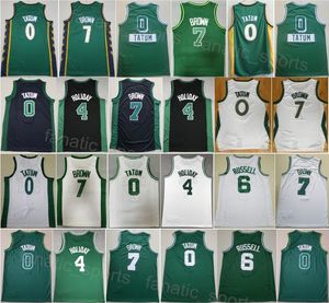 チームバスケットボールジェイソンテイタムジャージー0マンシティジェイレンブラウン7 Jrueホリデー4刺繍と縫製スポーツファンのための通気性のあるアイコンブラックグリーンホワイトカラー