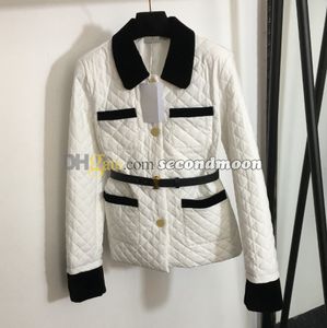 Women Cotton Jacket with Waistband Lapel Neck Designer Coat Long Sleeve Padded Jackets Casual Style Coats