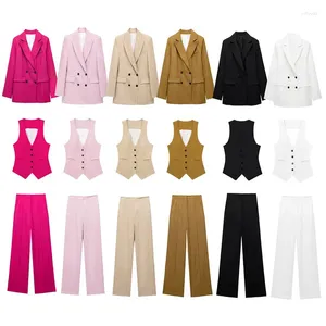 Women's Two Piece Pants Autumn And Winter Suit 2023 Fashion Linen Double-Breasted Jacket Short Vest Straight Trousers Three-Piece Set