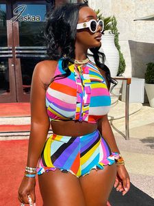 Women's Tracksuits Joskaa Multicolor Striped Print Two Piece Set Women Sexy Crop Top and Tight Shorts Matching Summer 2023 Beach Vacation Outfits P230419