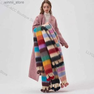 Scarves Rainbow Knitted Plaid Scarf Women Luxury Warm Cashmere Scarves Autumn Winter Thickened Soft Pashmina Striped Shawl AccessoryL231120