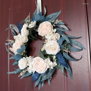 Dekorativa blommor Vårsäsong Peacock Blue Rose Wreath Artificial Garland Pendant Ornament för årets födelsedag Holiday B03E