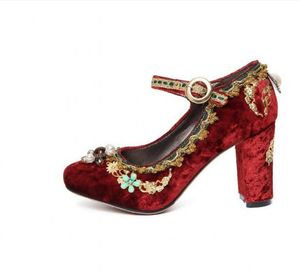 Nyhetsett Red Mary Jane Shoes Vintage Style High Heeled Velvet Court Wedding Bridal Dress Shoes Lady Pumps Big Size 35-42