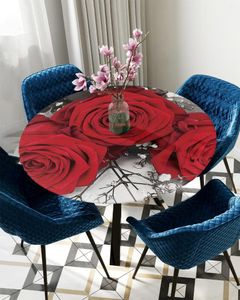 Table Cloth Red Rose Flower Vintage Round Rectangular Cover Waterproof Elastic Tablecloth For Kitchen Home Decoration