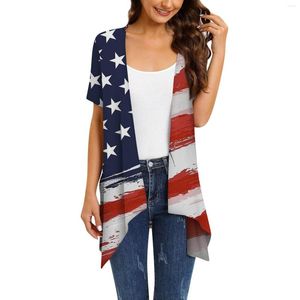 Kobiet's Blouses American USA Flag Blouse Women Stripe Stripe krótkie rękawowe kardigany 4 lipca Pullover Tops Hawaii Boho Beach Oversize