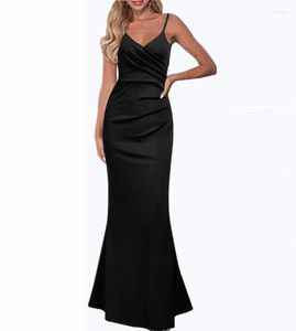 Abiti casual Nero Slip Slim Shirring Vita Maxi Abito Tinta unita Elegante Chic Abiti da festa per le donne 2023 Drop Wholesale No.564