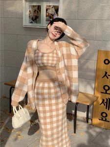 Work Dresses Soft Korean Slouchy Style Plaid Tight Tank Top Cardigan Knitted Sweater Long Skirt Two-piece Set Fashion Casual Female Clothes