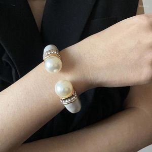 Bangle White Enamel Big Pearl Rhinestone Open Cuff Bangles For Women Chunky Statement Vintage Hardware Jewelry